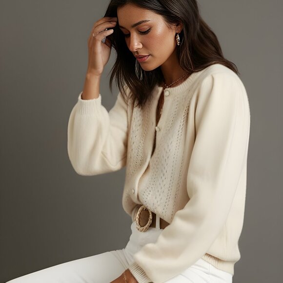 Round Neck Long Sleeve Button Front Cardigan White - Picture 2 of 5